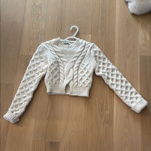 Zara Cream Cable Cropped Knit Crew Neck Sweater
